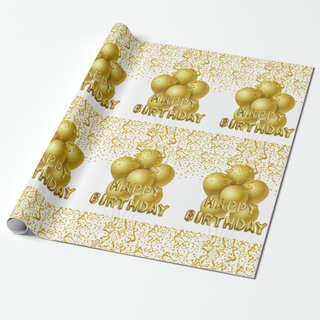 Happy Birthday Wrapping Gold Balloons Wrapping Paper (Unrolled)