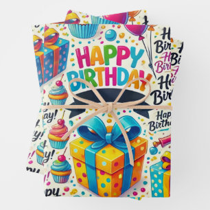 Happy Birthday Wrapping Paper Flat Sheet Set of 3