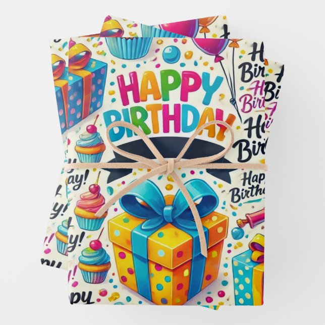 Happy Birthday Wrapping Paper Flat Sheet Set of 3 (In situ)