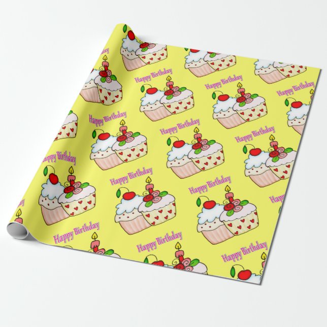 Happy Birthday Wrapping Paper FUN Cupcake  (Unrolled)