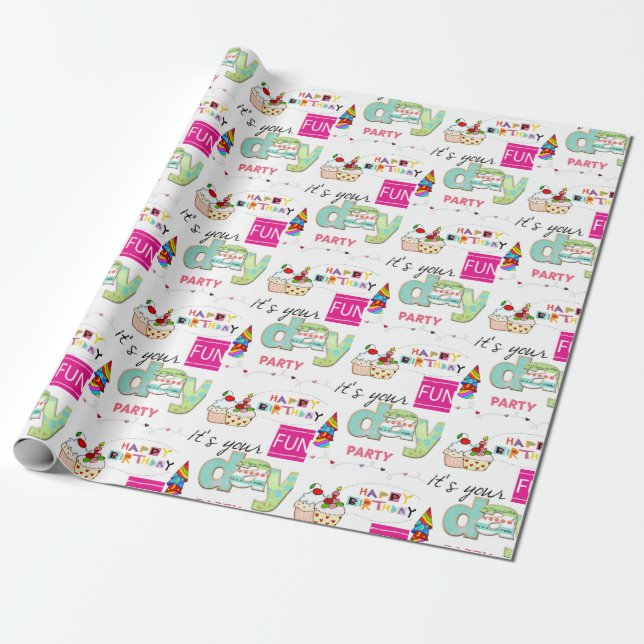 Happy Birthday Wrapping Paper FUN Cupcake  (Unrolled)