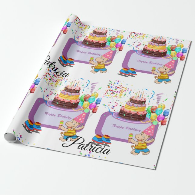 Happy Birthday Wrapping Paper Hippopotamus (Unrolled)