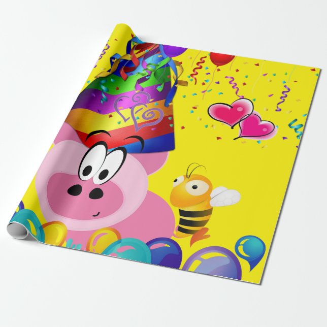 Happy Birthday Wrapping Paper Pig Bumblebee (Unrolled)
