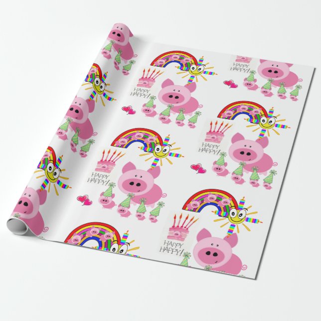 Happy Birthday Wrapping Paper Pink Pigs (Unrolled)