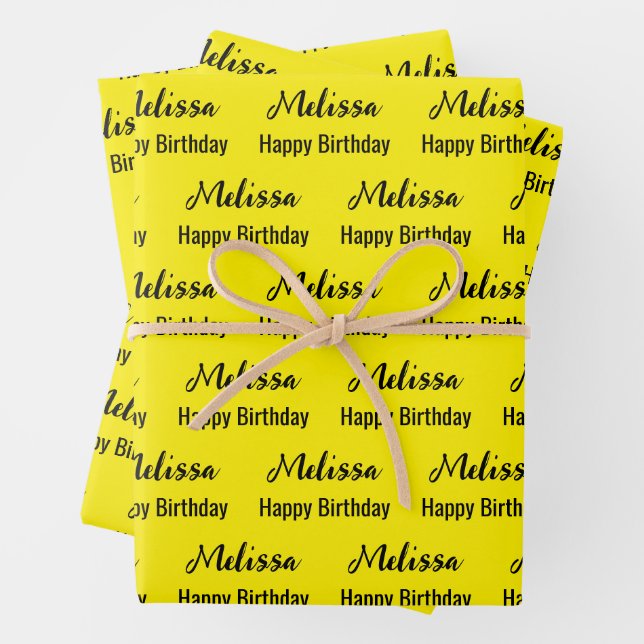 Happy Birthday Yellow and Black Name Pattern Wrapping Paper Sheet (In situ)