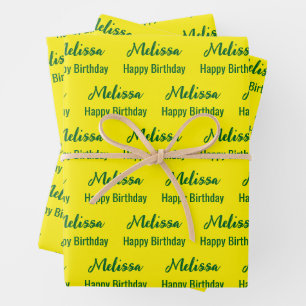 Happy Birthday Yellow and Green Name Pattern Wrapping Paper Sheet