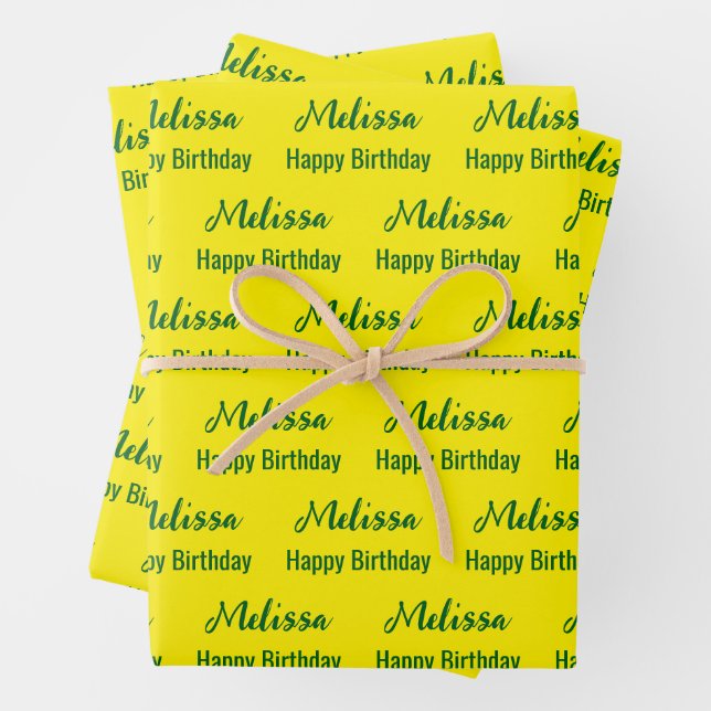 Happy Birthday Yellow and Green Name Pattern Wrapping Paper Sheet (In situ)