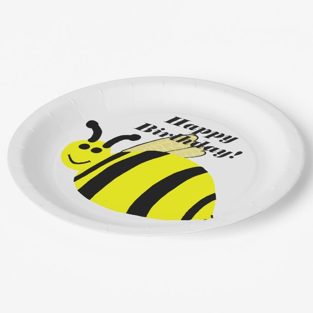 Happy Birthday Yellow Bumble Bee Paper Plate (Angled)