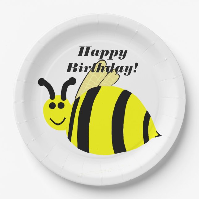 Happy Birthday Yellow Bumble Bee Paper Plate (Front)