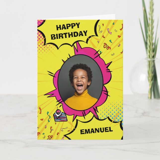 Happy Birthday yellow comic cartoon photo  Note Card (Front)