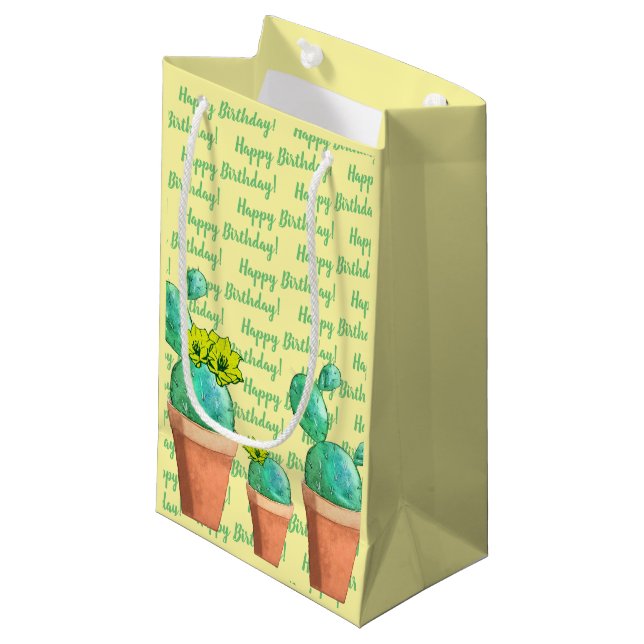 Happy Birthday Yellow Flowering Potted Cactus Small Gift Bag (Front Angled)
