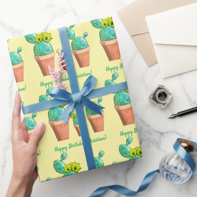 Happy Birthday Yellow Flowering Potted Cactus Wrapping Paper (Gifting)