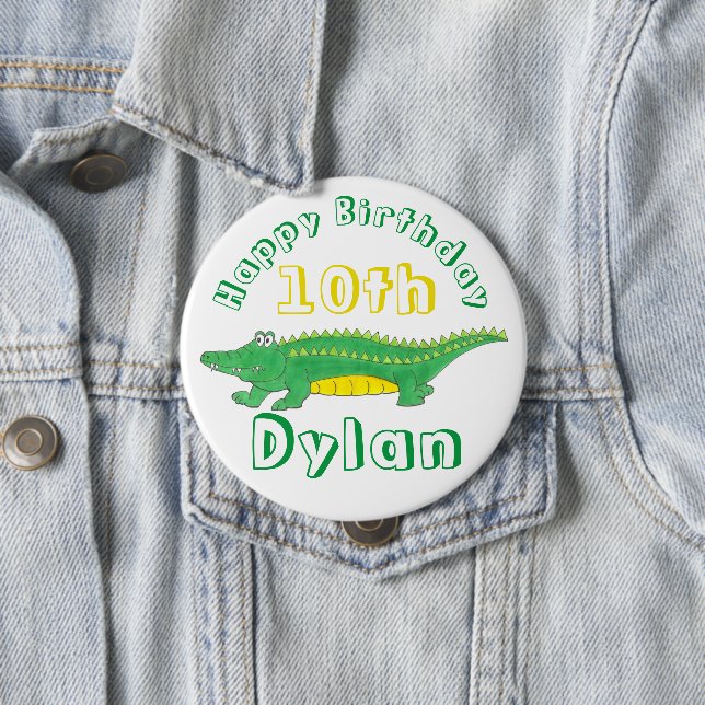 Happy Birthday Yellow Green Alligator Crocodile 10 Cm Round Badge (In Situ)