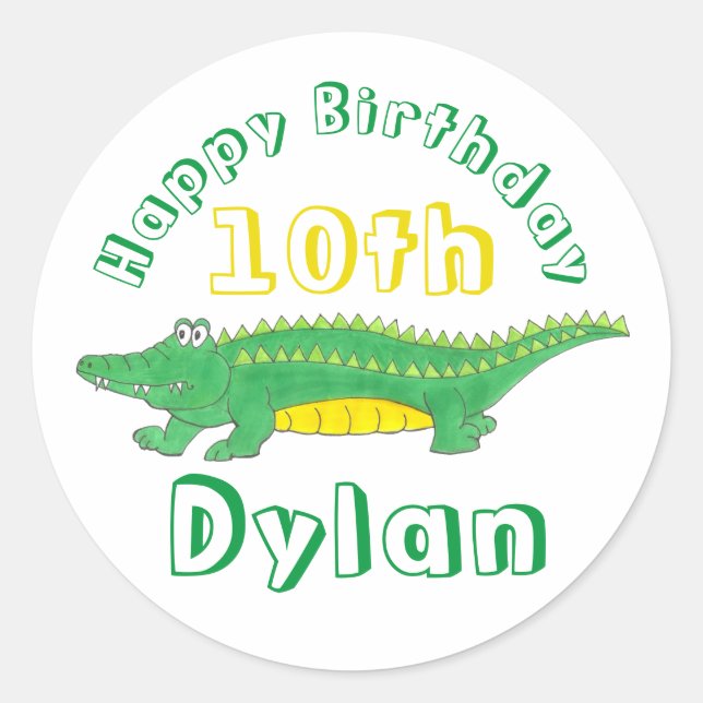 Happy Birthday Yellow Green Alligator Crocodile Classic Round Sticker (Front)