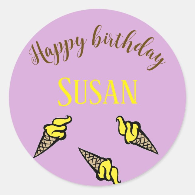 Happy birthday yellow ice cream on purple classic round sticker (Front)