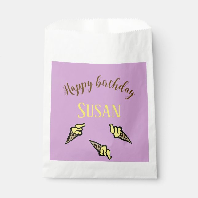 Happy birthday yellow ice cream on purple favour bags (Front)