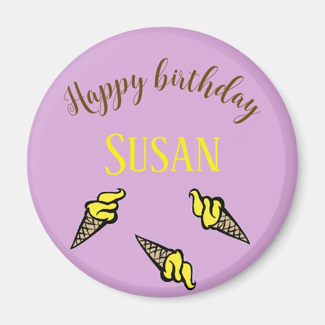 Happy birthday yellow ice cream on purple magnet (Front)