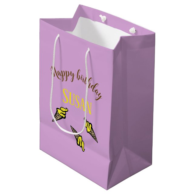 Happy birthday yellow ice cream on purple medium gift bag (Front Angled)
