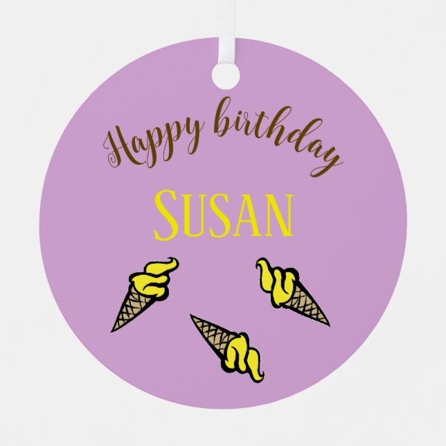 Happy birthday yellow ice cream on purple metal tree decoration (Front)
