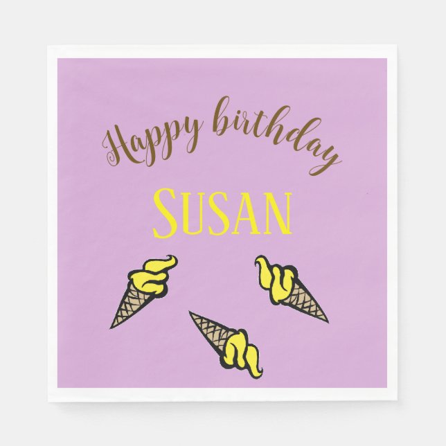 Happy birthday yellow ice cream on purple napkin (Front)