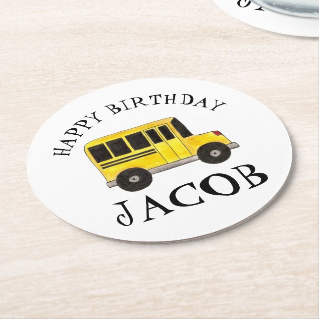 Happy Birthday Yellow School Bus Teacher Education Round Paper Coaster (Angled)