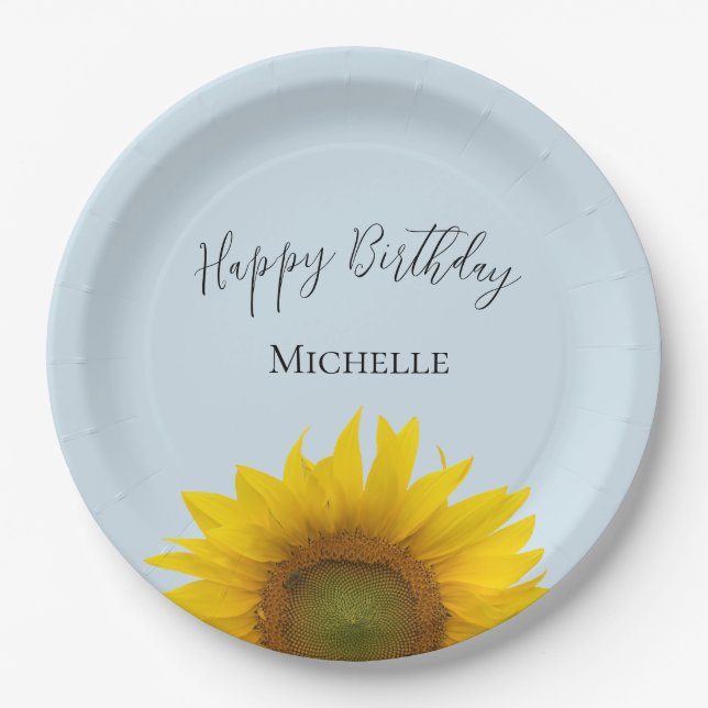 Happy Birthday Yellow Sunflower Elegant Paper Plate (Front)