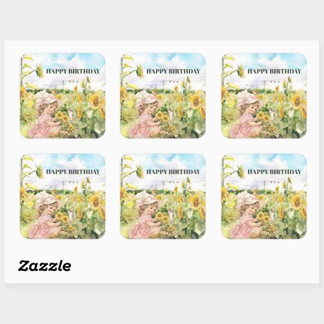 Happy Birthday Yellow Sunflowers Vintage Girl  Square Sticker (Sheet)
