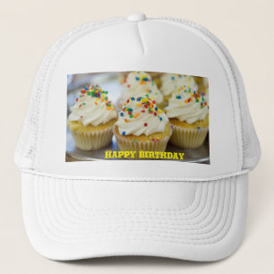 Happy Birthday Yellow Text Five Small Cakes Creamy Trucker Hat
