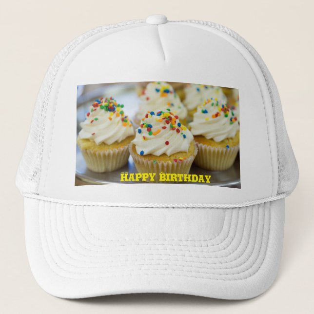 Happy Birthday Yellow Text Five Small Cakes Creamy Trucker Hat (Front)