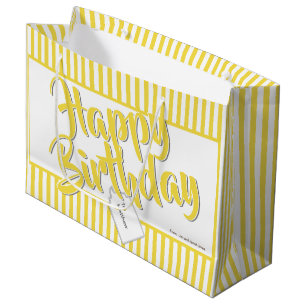 Happy Birthday Yellow/White Simple Stripes Pattern Large Gift Bag