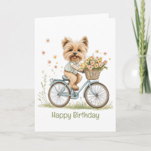 Happy Birthday Yorkie Dog Biking Spring Flowers Card