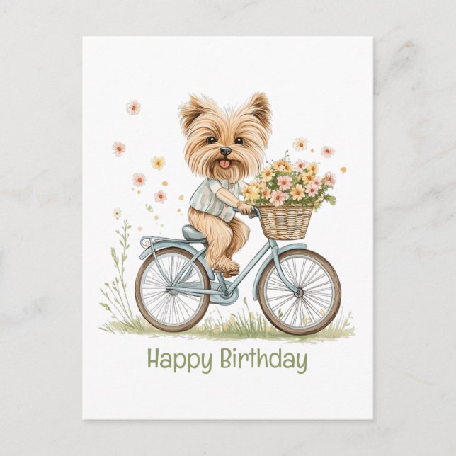 Happy Birthday Yorkie Dog Biking Spring Flowers Postcard (Front)