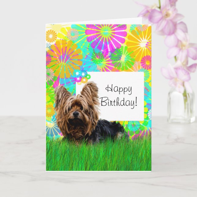 Happy Birthday Yorkie Dog Card (Orchid)