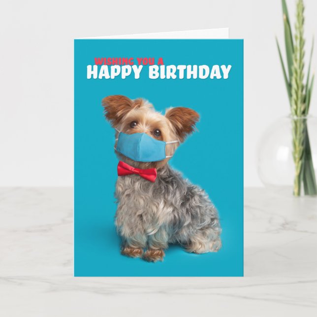 Happy Birthday Yorkie Dog in Coronavirus Face Mask Holiday Card (Front)