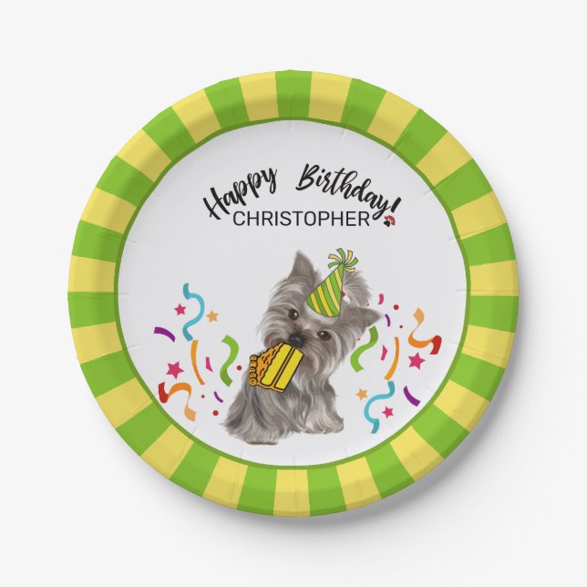 Happy Birthday Yorkie Dog Party Paper Plate (Front)