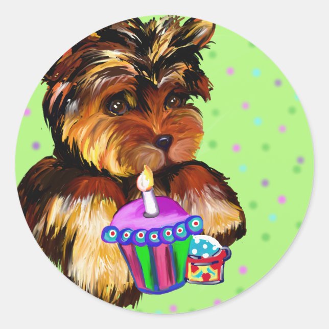 HAPPY BIRTHDAY YORKIE POO CLASSIC ROUND STICKER (Front)