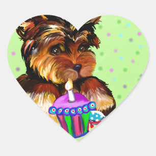 HAPPY BIRTHDAY YORKIE POO HEART STICKER