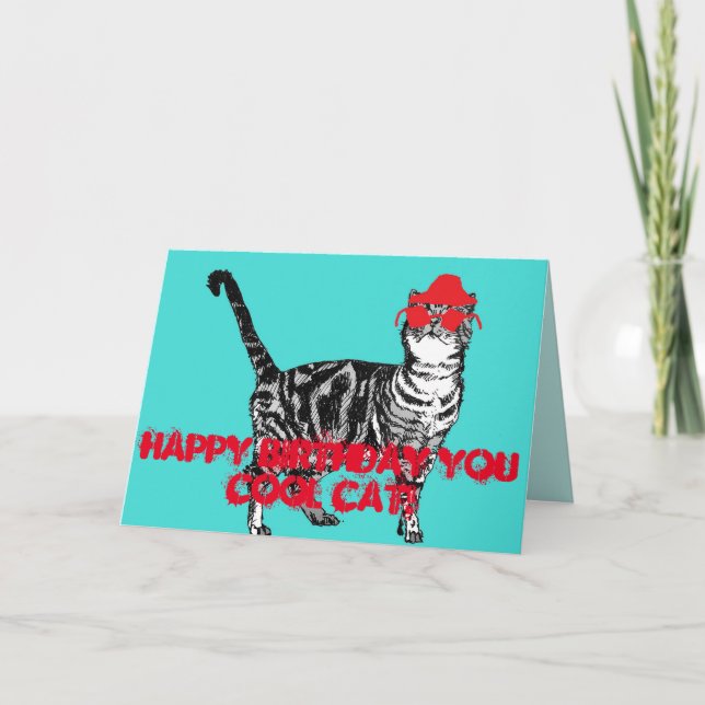 Happy Birthday You Cool Cat with Hat Birthday Card (Front)