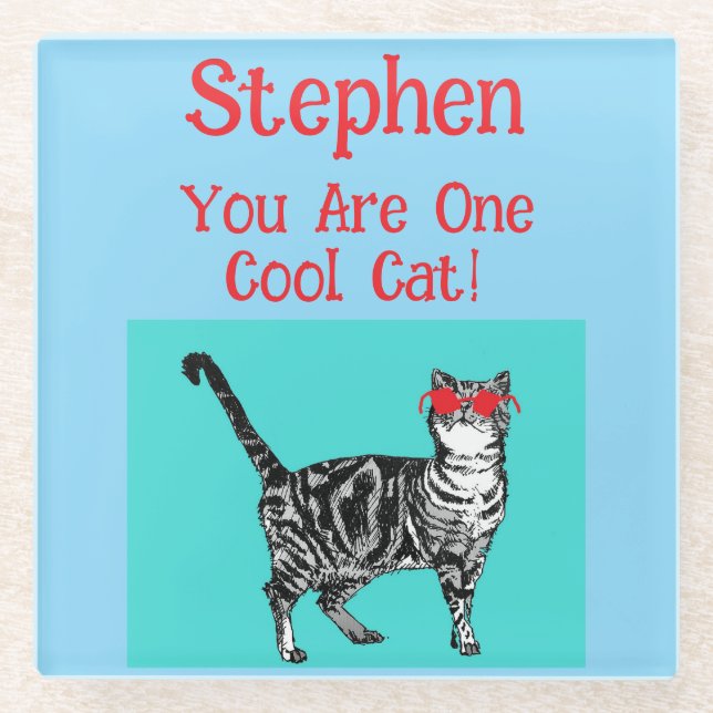 Happy Birthday You Cool Tabby Cat Mens Husband Glass Coaster (Front)