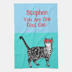 Happy Birthday You Cool Tabby Cat Mens Husband Tea Towel