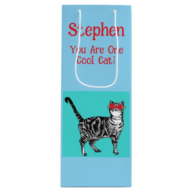 Happy Birthday You Cool Tabby Cat Mens Husband Wine Gift Bag (Front)