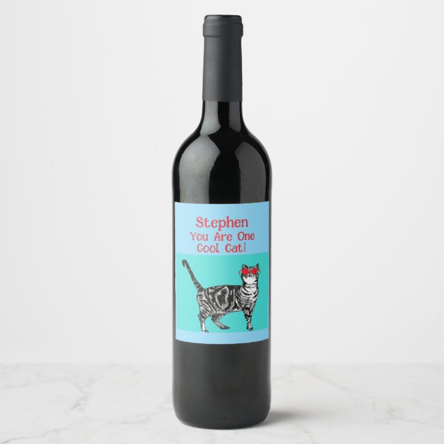 Happy Birthday You Cool Tabby Cat Mens Husband Wine Label (Front)