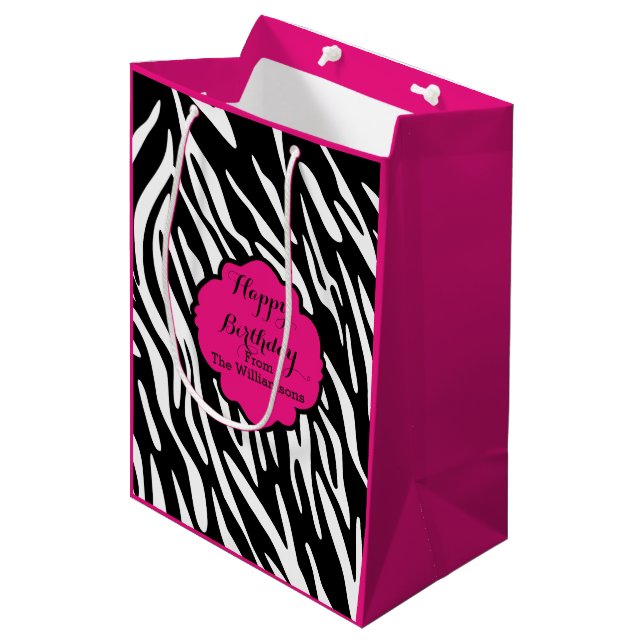 Happy Birthday Zebra Print Hot Pink Gift Bag (Front Angled)