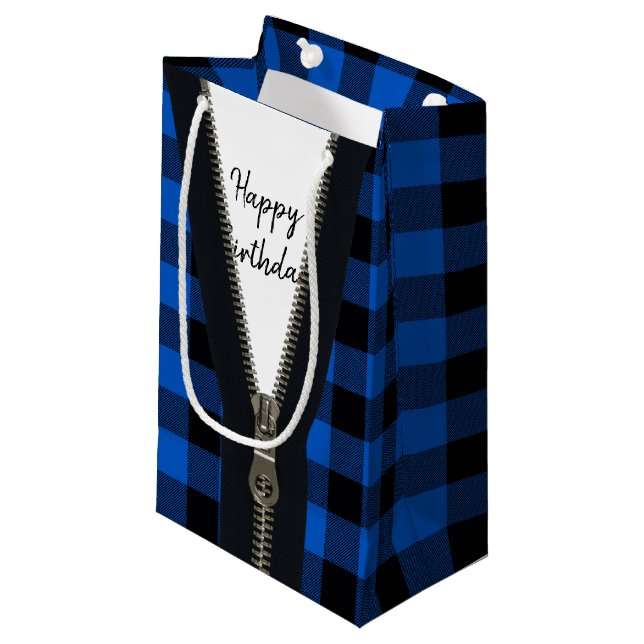 Happy Birthday Zipper On Buffalo Plaid Small Gift Bag (Front Angled)
