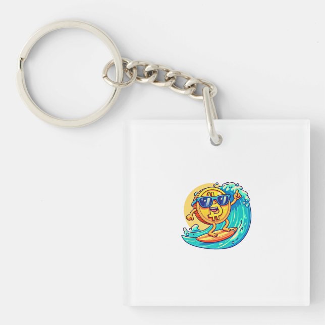 Happy Bitcoin Wearing Sunglasses Surfing a Blockch Key Ring (Front)