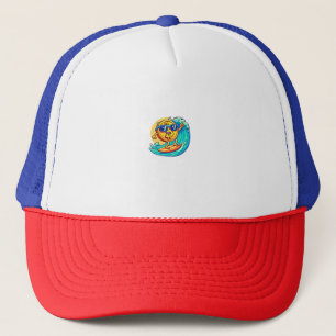 Happy Bitcoin Wearing Sunglasses Surfing a Blockch Trucker Hat