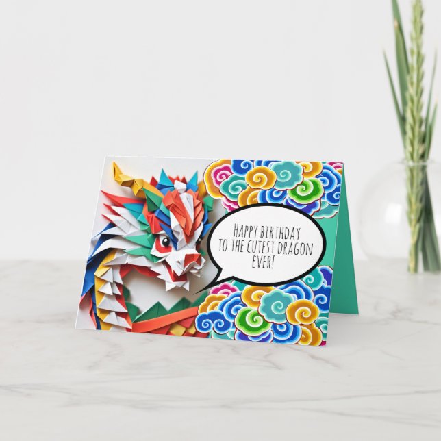 Happy Bithday Cute Dragon Origami Zodiac GC Holiday Card (Front)