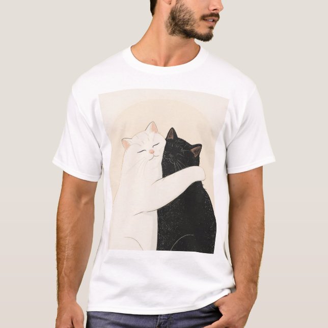 Happy Black and White Cat Hug T-Shirt (Front)