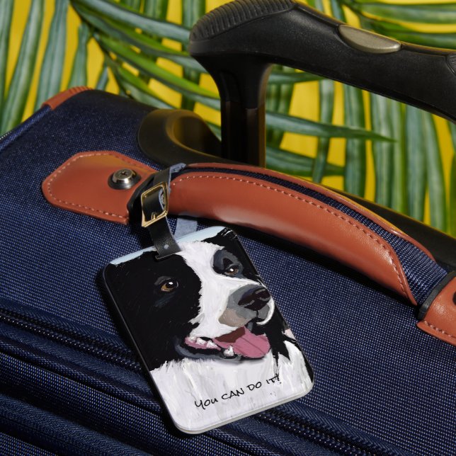  Happy Black and White Digital Art Border Collie  Luggage Tag (Front Insitu 1)