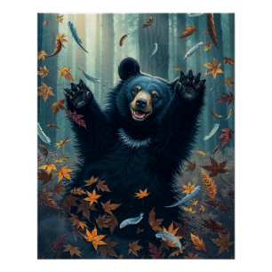 Happy Black Bear Tossing Leaves Poster